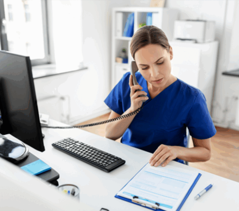 Woman on the phone in doctor's office