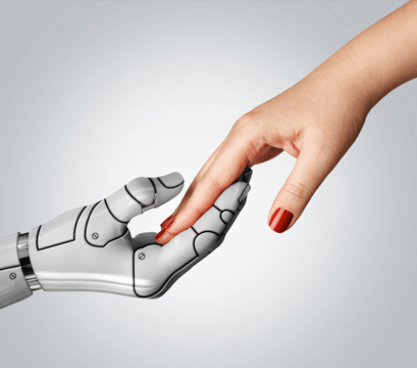 Robot and human hand helping each other