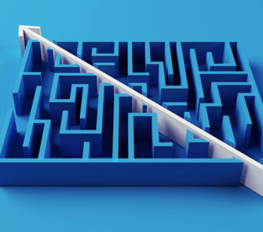3D Image of maze cut across by an arrow